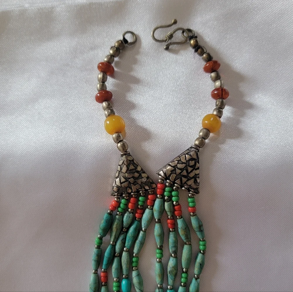 Antique Moroccan Turquoise and Red Coral Berber Bijou Necklace - Picture 7 of 8